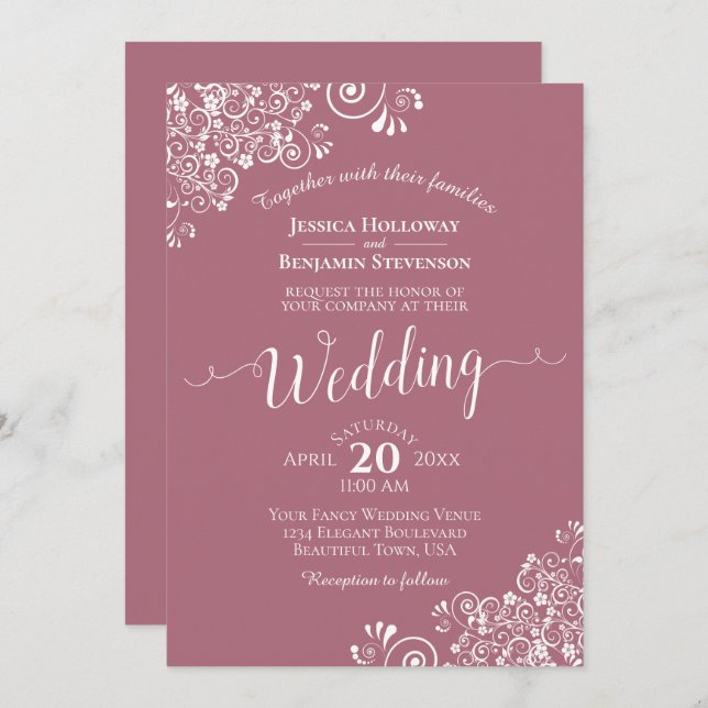 Simple Elegant White Lace on Dusty Rose Wedding Invitation (Front/Back)