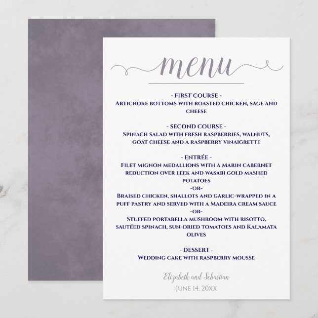 Simple Elegant White Lavender & Navy Blue Wedding Menu (Front/Back)