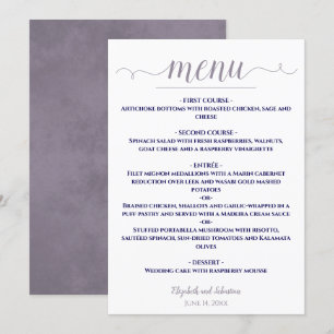 Simple Elegant White Lavender & Navy Blue Wedding Menu