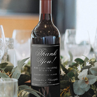 Simple Elegant White on Black Wedding Thank You Wine Label