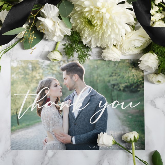 Simple Elegant White Script Overlay Wedding Photo Thank You Card (Creator Uploaded)