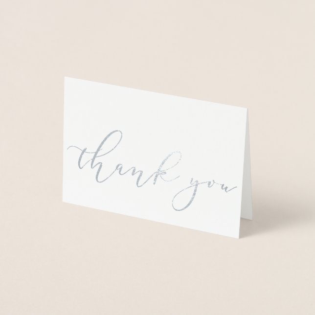 Simple Elegant White Silver Foil Script Thank You Foil Card (Front)
