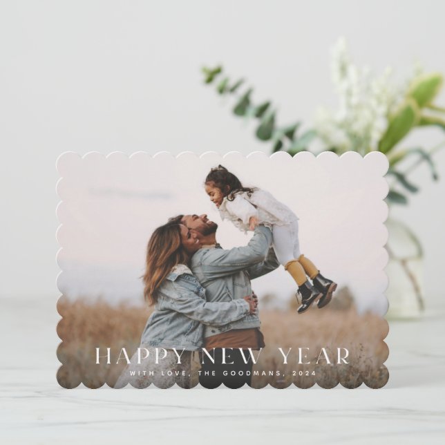 Simple Elegant White Typographic New Years Photo Holiday Card (Standing Front)