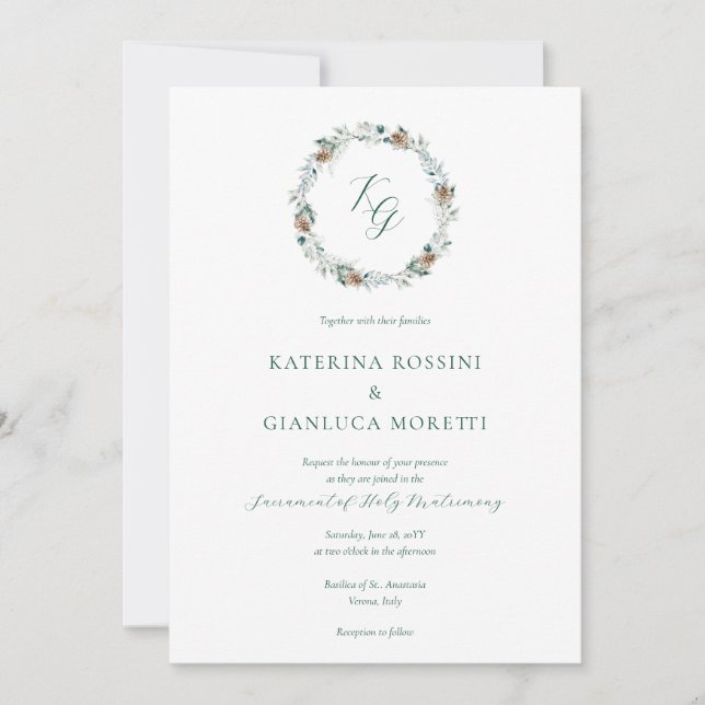 Simple Elegant Winter Greenery Catholic Wedding Invitation (Front)