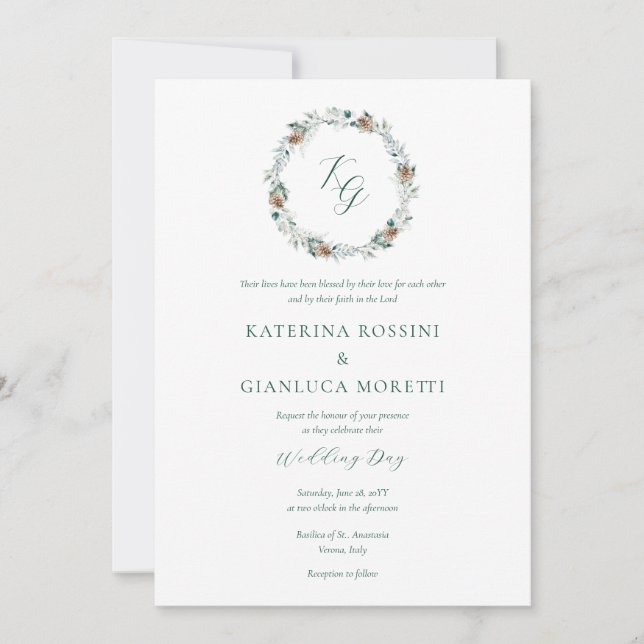 Simple Elegant Winter Greenery Christian Wedding Invitation (Front)