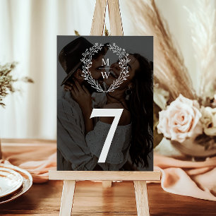 Simple Elegant Wreath 2-Photo Text Overlay Wedding Table Number