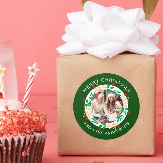 Simple Elegant Wreath Christmas Photo Family Name Classic Round Sticker (Party)