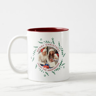 Simple Elegant Wreath Christmas Photo Family Name Two-Tone Coffee Mug