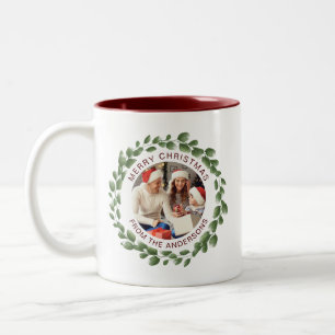 Simple Elegant Wreath Christmas Photo Family Name Two-Tone Coffee Mug