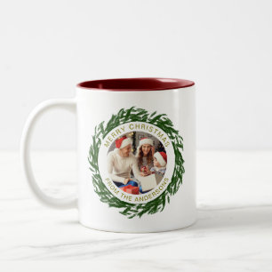 Simple Elegant Wreath Christmas Photo Family Name Two-Tone Coffee Mug