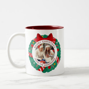Simple Elegant Wreath Christmas Photo Family Name Two-Tone Coffee Mug