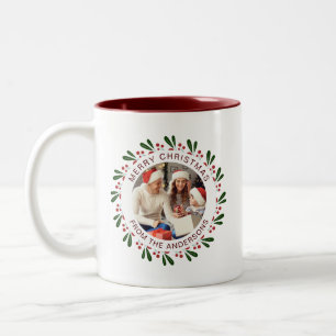 Simple Elegant Wreath Christmas Photo Family Name Two-Tone Coffee Mug