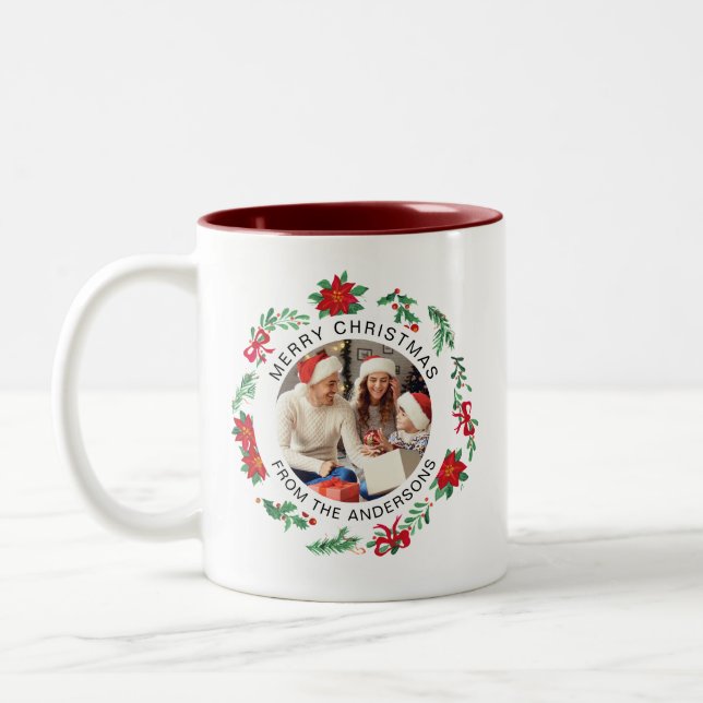 Simple Elegant Wreath Christmas Photo Family Name Two-Tone Coffee Mug (Left)