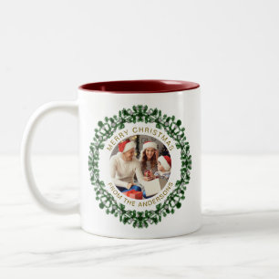 Simple Elegant Wreath Christmas Photo Family Name Two-Tone Coffee Mug