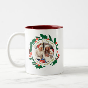 Simple Elegant Wreath Christmas Photo Family Name Two-Tone Coffee Mug