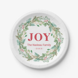 Simple Elegant Wreath Joy Modern Christmas Paper Plate