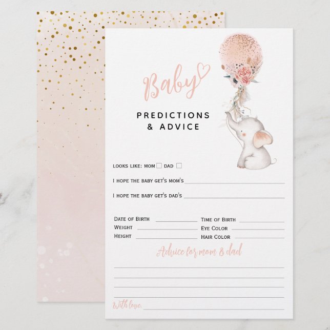 Simple Elephant & Balloon Girl Baby Shower Game (Front/Back)