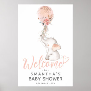 Simple Elephant & Balloon Girl Baby Shower Welcome Poster
