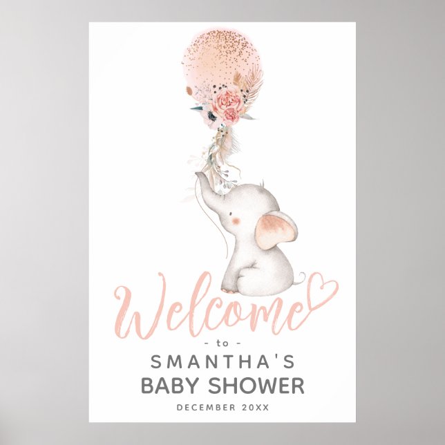 Simple Elephant & Balloon Girl Baby Shower Welcome Poster (Front)