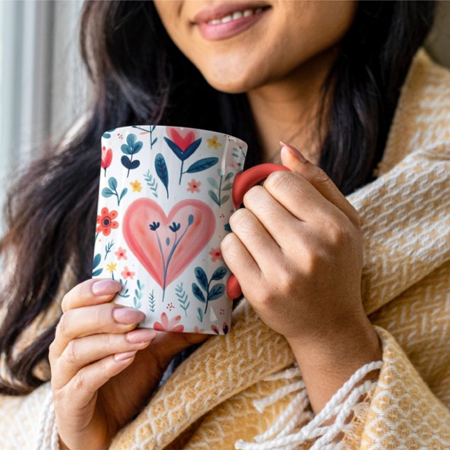 SIMPLE ELIGANT RED FLORAL AND HEART VALENTINE'S MUG (Creator Uploaded)