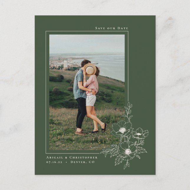 Simple Emerald Anemone Art Floral Save the Date Announcement Postcard (Front)