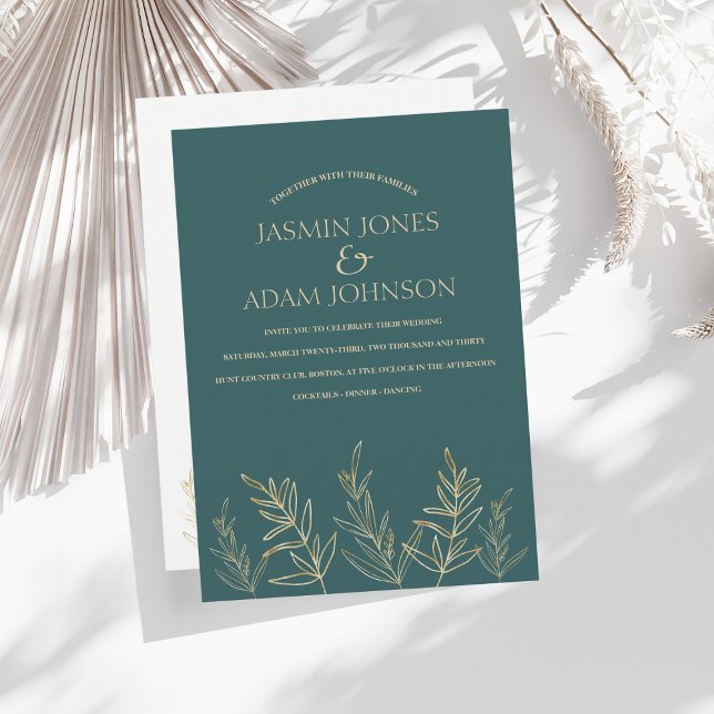 Simple Emerald Green and Gold Leaves Wedding Invitation (Creator Uploaded)