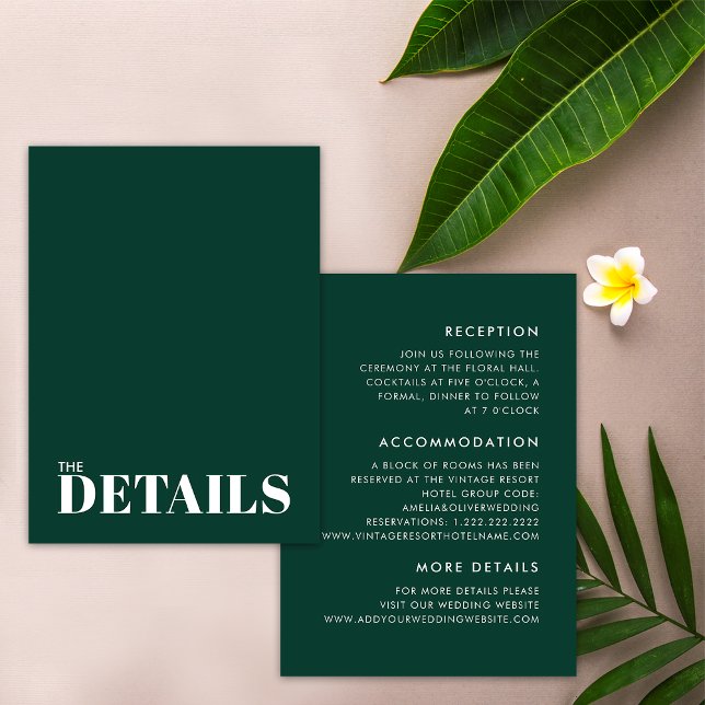 Simple Emerald Green Bold Minimal Wedding Details Enclosure Card (Font / Back)