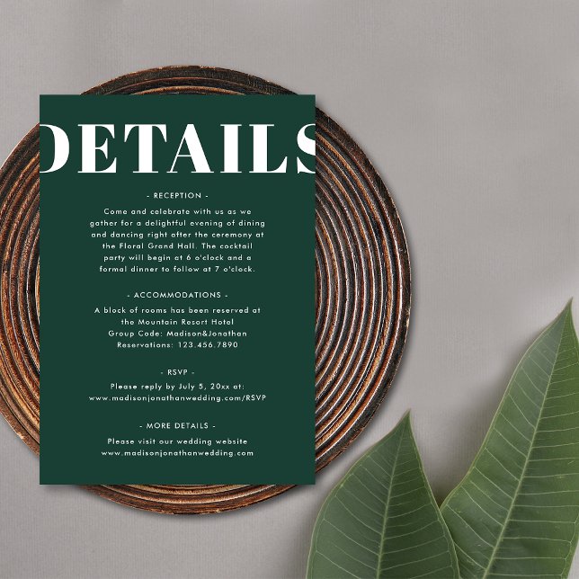 Simple Emerald Green Bold Modern Wedding Details Enclosure Card (Front)