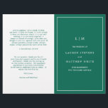 Simple Emerald Green Elegant Wedding Program<br><div class="desc">Simple folded Wedding Program featuring a modern yet elegant design with your two initial monogram along with your details surrounded by a thin border on the front cover. The inside has your wedding party on the left side and your order of ceremony on the right side. All design elements are...</div>