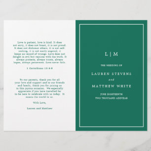 Simple Emerald Green Elegant Wedding Program