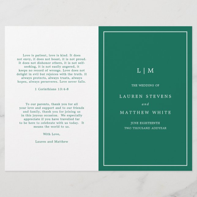 Simple Emerald Green Elegant Wedding Program (Front)