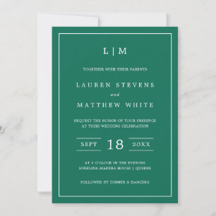 Simple Emerald Green Monogram Elegant Wedding Invitation