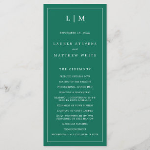 Simple Emerald Green Monogram Elegant Wedding Programme