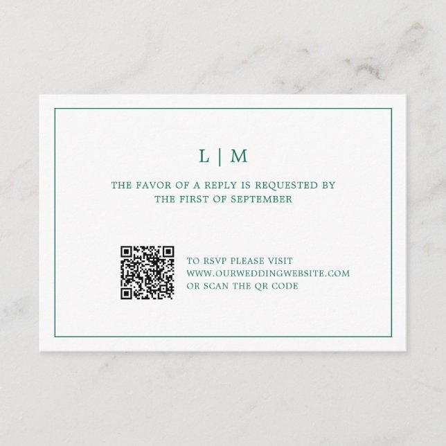 Simple Emerald Green Monogram Elegant Wedding RSVP Card (Front)