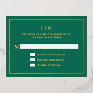 Simple Emerald Green Monogram Elegant Wedding RSVP Foil Invitation Postcard