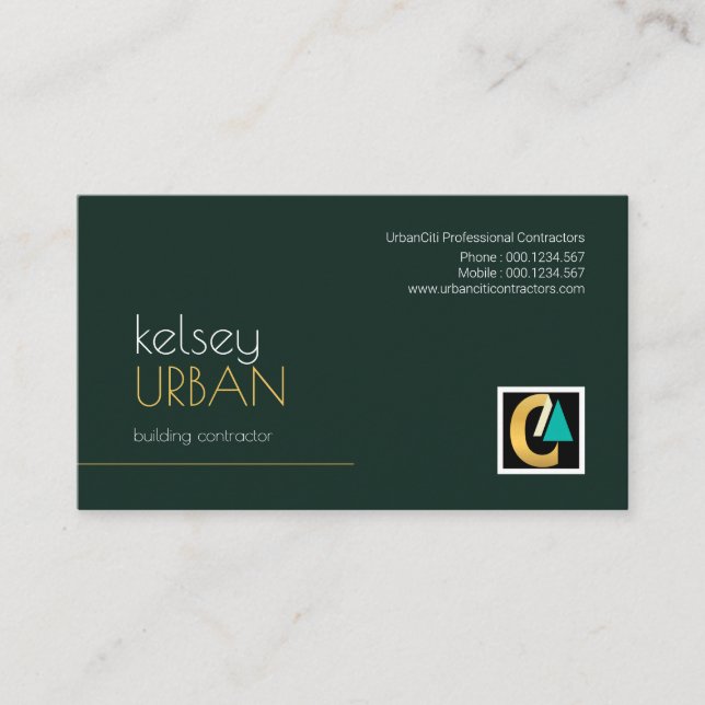 Simple Emerald Green Professional Modern Builder Business Card (Front)