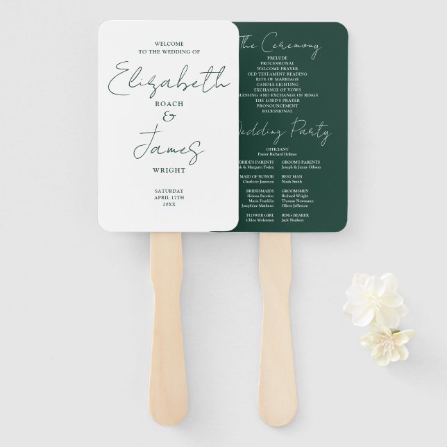 Simple Emerald Green Script Wedding Program Hand Fan (Front and Back)