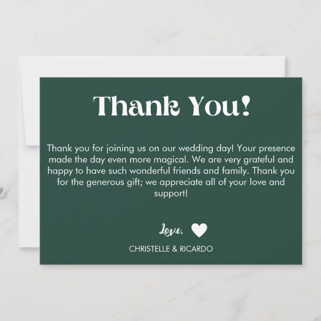 Simple emerald green script wedding thank you   announcement (Front)