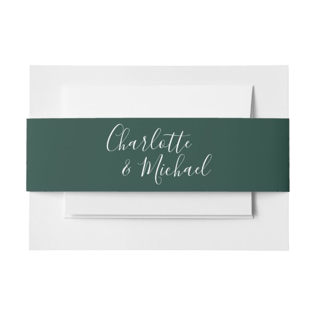 Simple Emerald Green Signature Script Invitation Belly Band (Front Example)