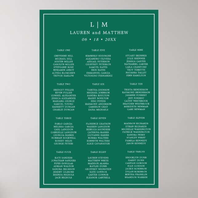Simple Emerald Green Wedding Seating Chart (Front)