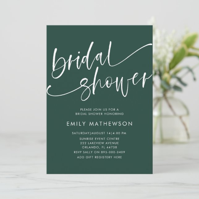 Simple Emerald Green & White Bridal Shower  Invitation (Standing Front)