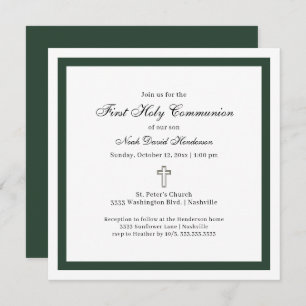 Simple Emerald Green White First Holy Communion Invitation