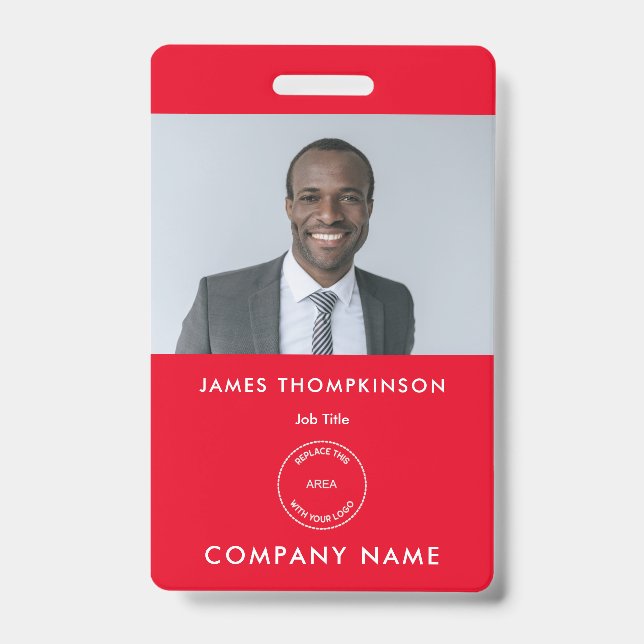 Simple Employee Photo ID Name Logo Red Badge (Front)