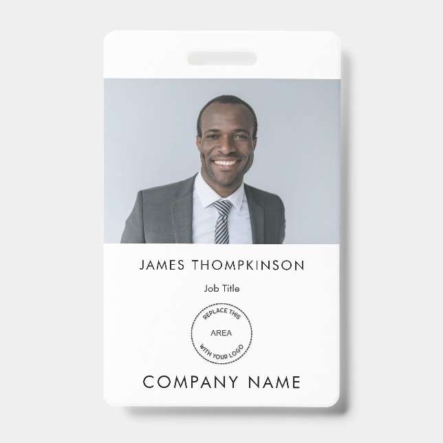 Simple Employee Photo ID Name Logo White  Badge (Front)
