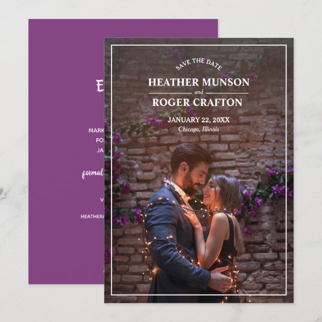 Simple Engagement Photo Purple Save The Date (Front/Back)