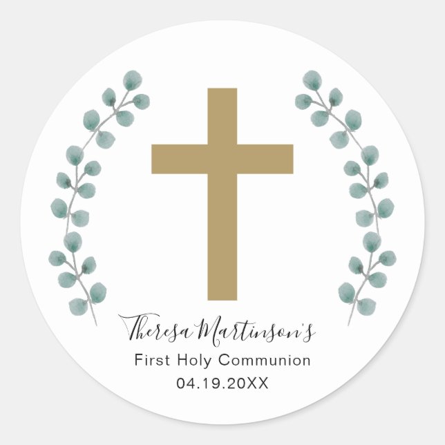 Simple Eucalyptus and Cross First Holy Communion Classic Round Sticker (Front)