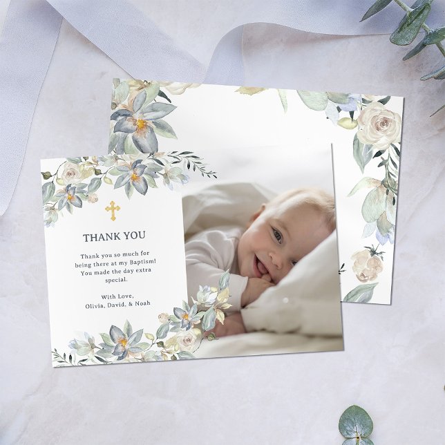 Simple Eucalyptus and Gold Cross | Photo Baptism Thank You Card (A simple and elegant Baptism thank you card with eucalyptus, a gold cross, and your baby's photo)