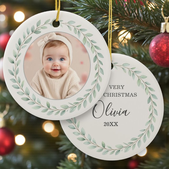 Simple Eucalyptus Baby First Christmas Photo Ceramic Tree Decoration (Creator Uploaded)