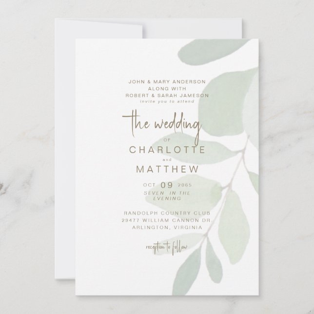 Simple Eucalyptus Both Parents Gold Text Wedding Invitation (Front)