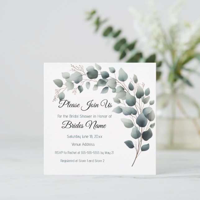 Simple Eucalyptus Bridal Shower Invitation (Standing Front)